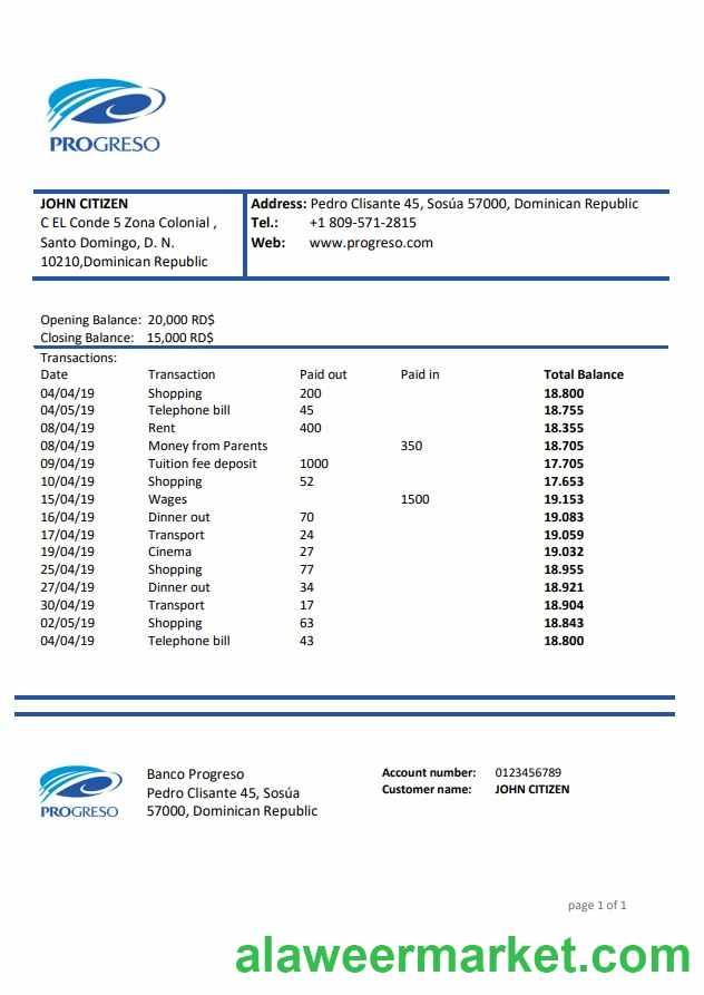 Dominican Republic Progreso bank statement
